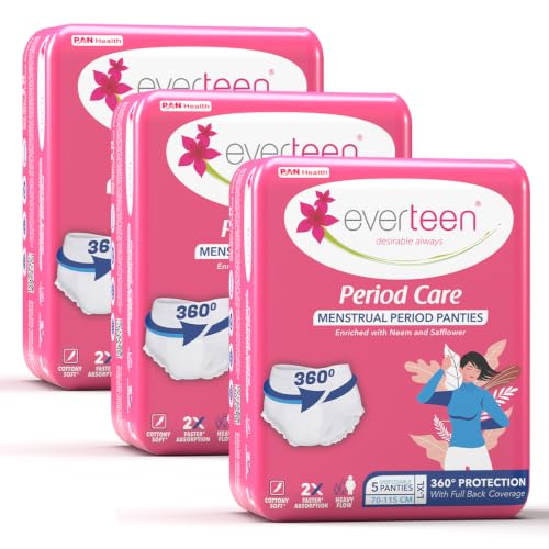 Image of everteen (5 Pcs x 3) L-XL Disposable Period Panty for Girls & Women, Highly Absorbent for Heavy Flow, Waist Size - 27 to 45, Maternity Delivery Pads, Postpartum & Overnight Protection, Cottony Soft Panties - Pack of 3