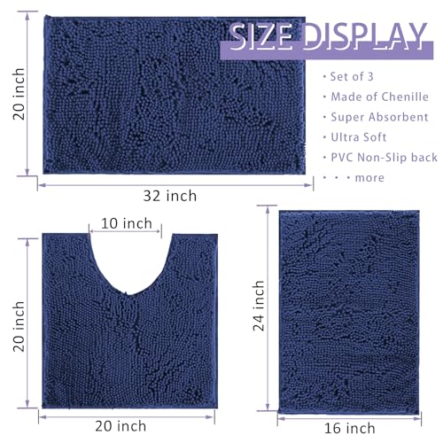 Image of Indigo Blue Bathroom Rugs Non Slip Washable 3 Piece Extra Absorbent Shaggy Chenille and Mats Sets, Soft & Dry Bath Rug /Mat Sets for Carpets Set