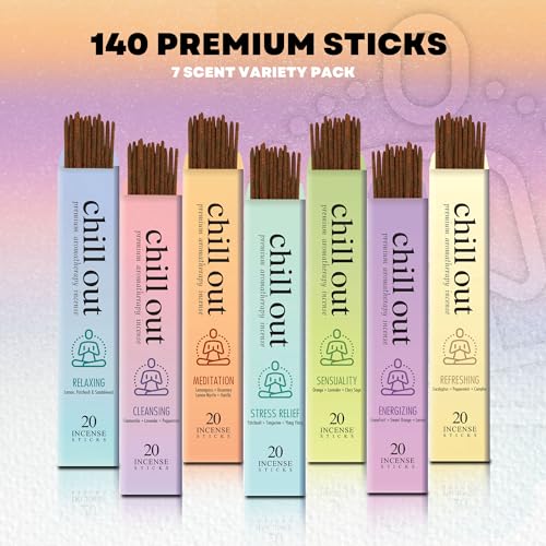 Mecka-Chill-Out-Aromatherapy-Incense-Sticks-Gift-Set-Set-of-7-Unique-Scents-140-Insence-Sticks-for-Yoga-Relaxation-Meditation-Positivity-Premium-Organic-and-Slow-Burning-Insenses