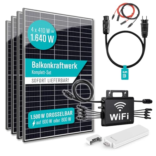 PIANETA Balkonkraftwerk 1640 / 1500W mit 4 x 410w Marken Solar Module, Wechselrichter Hoymiles HM-1500 und einer Hoymiles Wlite DTU mit Wifi funktion + 5 m Schukokabel (1640, watts)