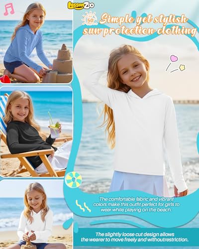 Image of 3 Pack Girls Sun Protection Swim Shirts UPF 50+ Long Sleeve Rash Guard Lightweight Quick Dry Hoodies with Thumbhole