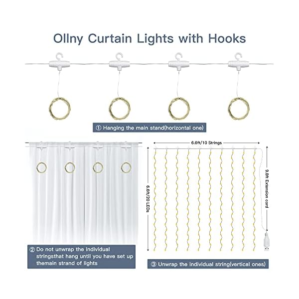 Ollny curtain lights for bedroom - 200led 6. 6x6. 6ft fairy lights curtain with 8 modes timer remote, usb power, waterproof hanging string lights for backdrop wedding party wall decorations - image 9