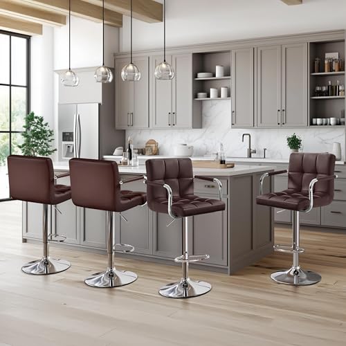 Image of Yaheetech Bar Stools Set of 4, Swivel with Backs, Adjustable Height, Brown