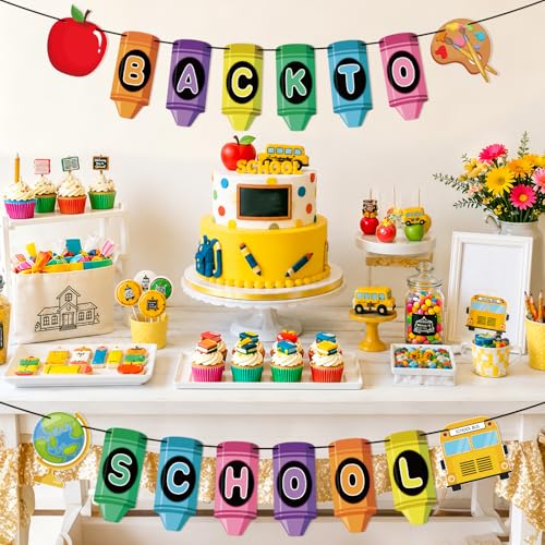 Image of Back to School Banner First Day of School Garland Crayon Apple Classroom Decorations for Teacher Kindergarten Preschool Classroom Office Bulletin Board Decor Photo Backdrop Party Favors