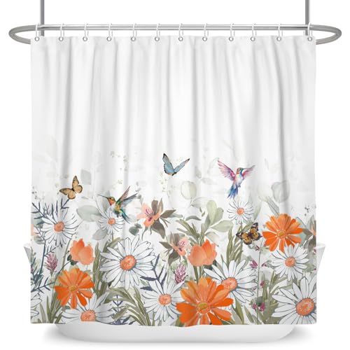 ASDCXZ Flower Shower Curtain 180x200 cm, Spring Orange White Flowers Green Leaves Colorful Butterfly Bird Washable Shower Curtains Polyester Textile Waterproof Bath Curtain for Bathtub with 12 Hooks - Image 4