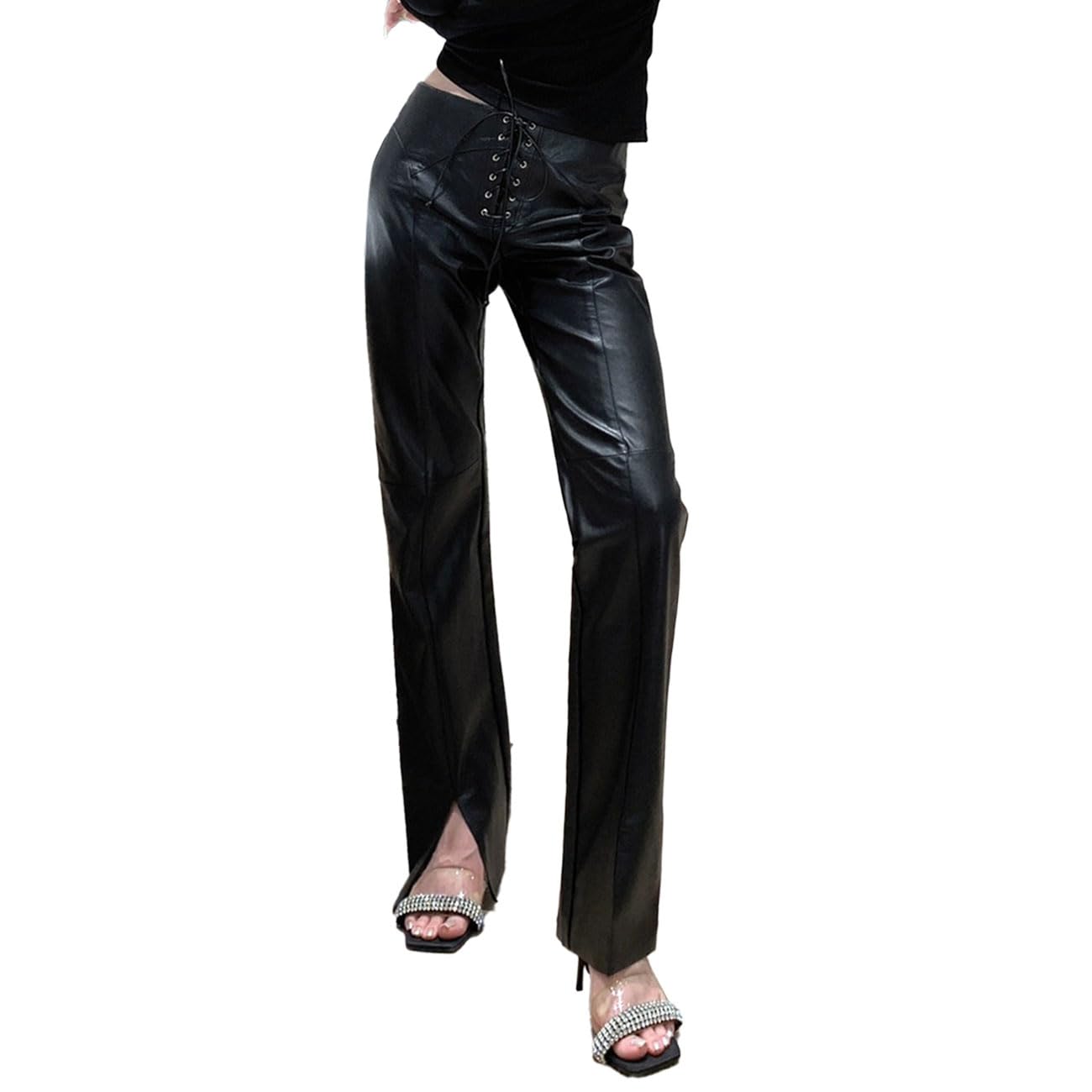 Femmes Faux Cuir Pantalon, Taille Moyenne Pantalon Jambe Droite avec Bretelles Ajustables, Jean Slim Fit PU Streetwear avec Split Bottom pour Nightclub Party, Noir, S-L