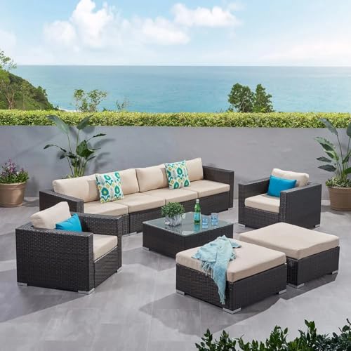 Image of Amazon Brand - Solimo Solara Outdoor 8 Seater Sofa Set | Balcony Sofa | Patio Furniture Sets | Conversation Sets | Wicker | Garden | Balcony | (New Dark Brown & Cream)