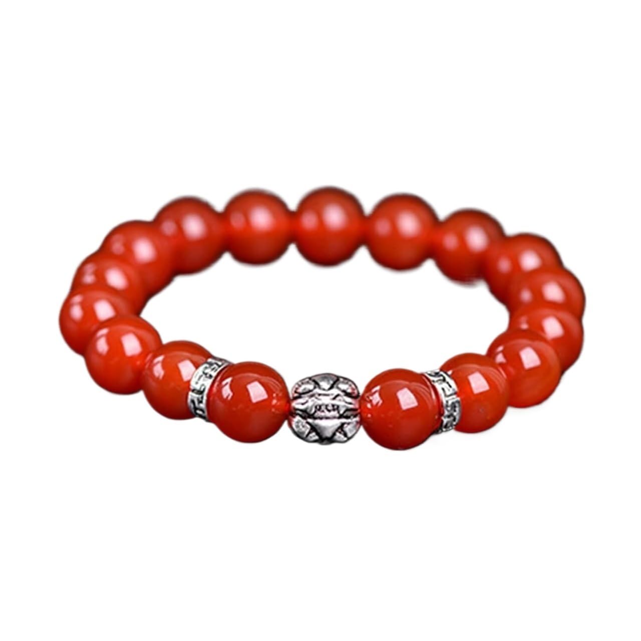 Nzpost Red_14mm Bracelet, Amulet Silver Pixiu/Piyao Bracelet Natural Black Obsidian Agate Couple Beaded Bracelet Cr
