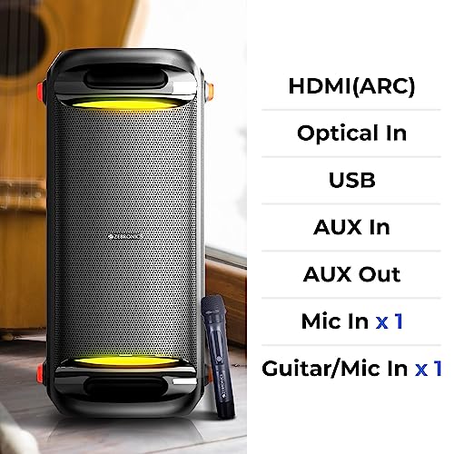 Image of ZEBRONICS Roxor 100W Multi-Connectivity Bluetooth, HDMI ARC, Optical, USB, AUX in-Out Speaker with Dolby Audio, Wireless UHF MIC, and Karaoke, TWS, LED Lights, and Recording Function