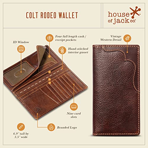 Image of House of Jack Co. Colt Long Bifold Wallet for Men, Full Grain Leather Rodeo Wallet, Western Long Wallet with ID Window, Slim Back Pocket Design, Brown