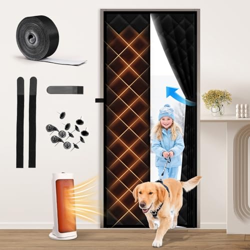 Vidoya Magnetic Thermal Insulated Door Curtain Fit Doors 32'' x 80'', Thermal Door Insulation Cover for Winter, Oxford & Thicken Cotton Doors Blanket Screen for Attic,Front,Doorway,Sliding Glass,Black