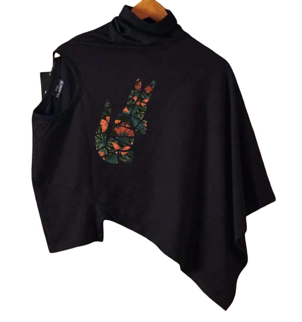 Men's Blue Poncho with Tropical Peace Sign Print - Asymmetric Hem Turtleneck Cape - One Shoulder Cutout Casual Fashion-image-23