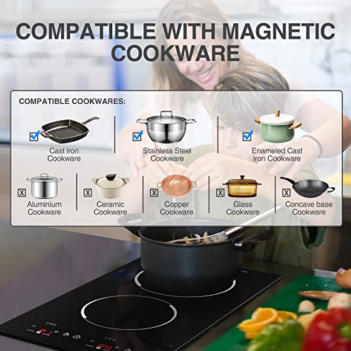Image of 12 inch Induction Cooktop, Double Induction Cooktop 2 Burner 110v-120v Electric Stove Top, Countertop and Built-in, 9 Power Levels, Child Lock, 120 Mins Timer