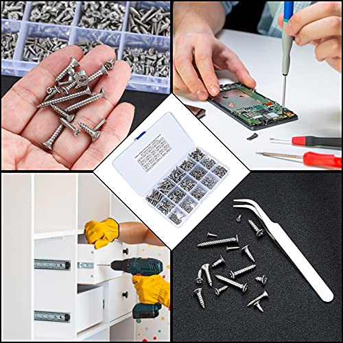 595 Pcs Self Tapping Screws Assortment Set, Flat Head Phillips Drive Wood Screws Kit, M2/M3/M4 Stainless Steel Metal Machine Screws Kit or Wood
