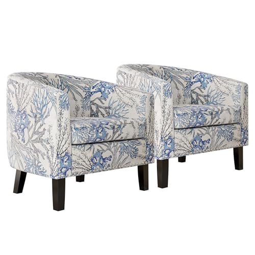 Image of BELLEZE Accent Barrel Chair, Set of 2 Modern Faux Leather Tub Club Chair Upholstered Armchair with Gold Nail Head Trim and Black Legs for Living Room Bedroom Apartment Lounge - Blue Coral
