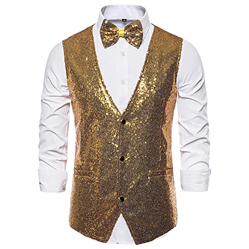 tuduoms Men's Suit Vest with Bow Tie Fashion Party Sequins Vests for Men Formal Slim Fit Wedding Dress Waistcoat Tuxedo Vest2