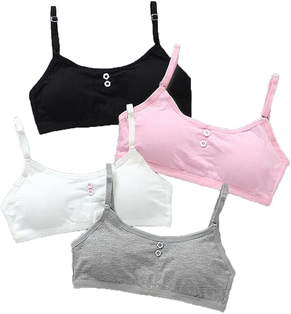 happinesshouse 4 Pack Girls Training Bra Teenage Breathable Underwear Cotton Blend Sports Bras Kids Crop Vest Tops Puberty Children Soft Underwears Clothing, Multicolour, One Size