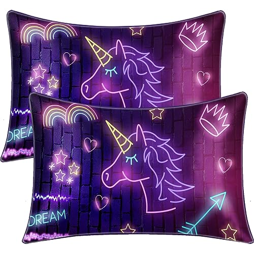 BlessLiving Purple Unicorn Satin Pillowcase Set of 2 Girls Neon Unicorn Print Silky Soft Pillow Cases Gold Stars Pink Heart Crown Print Unicorn Pillow Covers with Envelope Closure, King(20''x40'')
