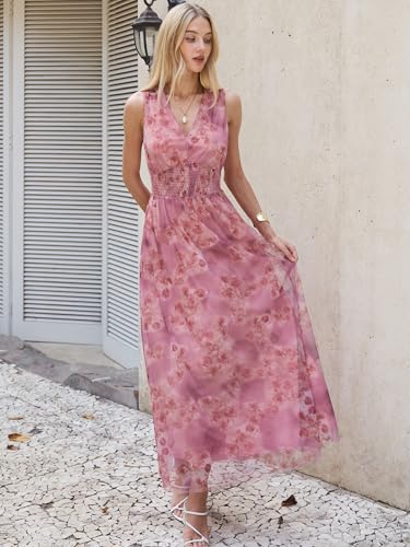 Image of ANRABESS Women's Floral Tulle Wedding Guest Maxi Dress | V Neck Sleeveless,A-Line Elastic Waist,Casual Flowy Formal Boho,Bridal Shower Garden Party Beach Vacation,Summer Fall