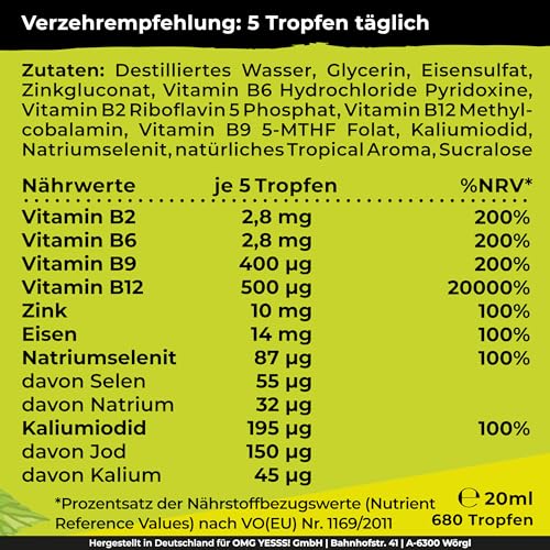 Vegan All-in-One Tropfen - Vitamin B12+B2+B6+B9 Folsäure + Zink + Eisen + Selen + Natrium + Kalium + Jod - Komplex mit natürlichem Tropical Fruchtgeschmack (20ml = ca. 4 Monats-Vorrat)