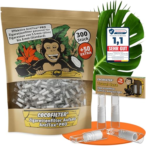CocoFilter® Embout pour filtre cigarette AntiTox® PRO [300 + 50 pièces] - filtres anti goudron réutilisables pour cigarettes de 5,5-8 mm - 350 embouts extra efficaces, étui de transport inclus