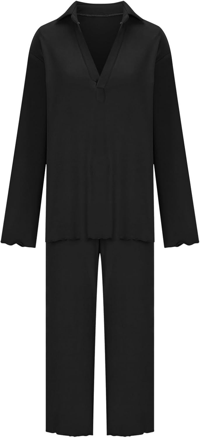 HGps8w 2 Piece Outfits for Women Winter Lounge Sets, Fleece Lined V Neck Pullover Sweatshirt Long Pants Business Casual Suits