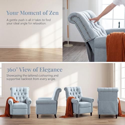 Image of Oversized Tufted Linen Manual Single Lounge Recliner Chair, Blue | Tufted Linen Fabric Manual Recliner Chair, Oversized Lazy Boy Recliner with Rolled Armrest, Breathable Fabric