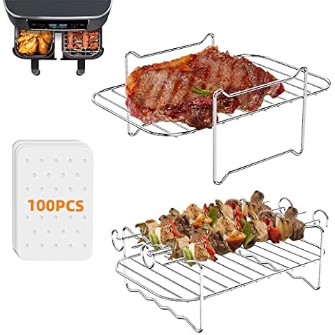 Pkila 2pcs Air Fryer Rack for Ninja Dual Air Fryer, Layered Dehydrator Racks with 4pcs Barbecue Sticks & 100Pcs Air Fryer Liners, 304 Stainless Steel Grilling Rack Air Fryer Accessories for Barbecue Cover