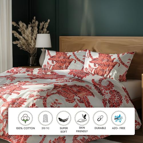Image of LANE LINEN 210TC 100% Cotton Bedsheet Set for Super King Size Bed, 3-Piece Bedding, Included 2 Pillow Covers, Soft & Breatahble Flat Sheets, Floral Red Digital Printed Floral Pattern - 2.74m x 2.74m