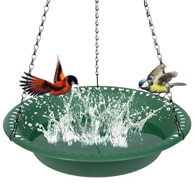 OVZILKI Bird Baths for Outdoors Heavy Duty, 10 inch BirdBath Bowl Only with 22” Rust-Proof Black Chains, Hanging Bird Bath Hanging Bird-Feeder for Garden Backyard Decor (Green 1 Pack)