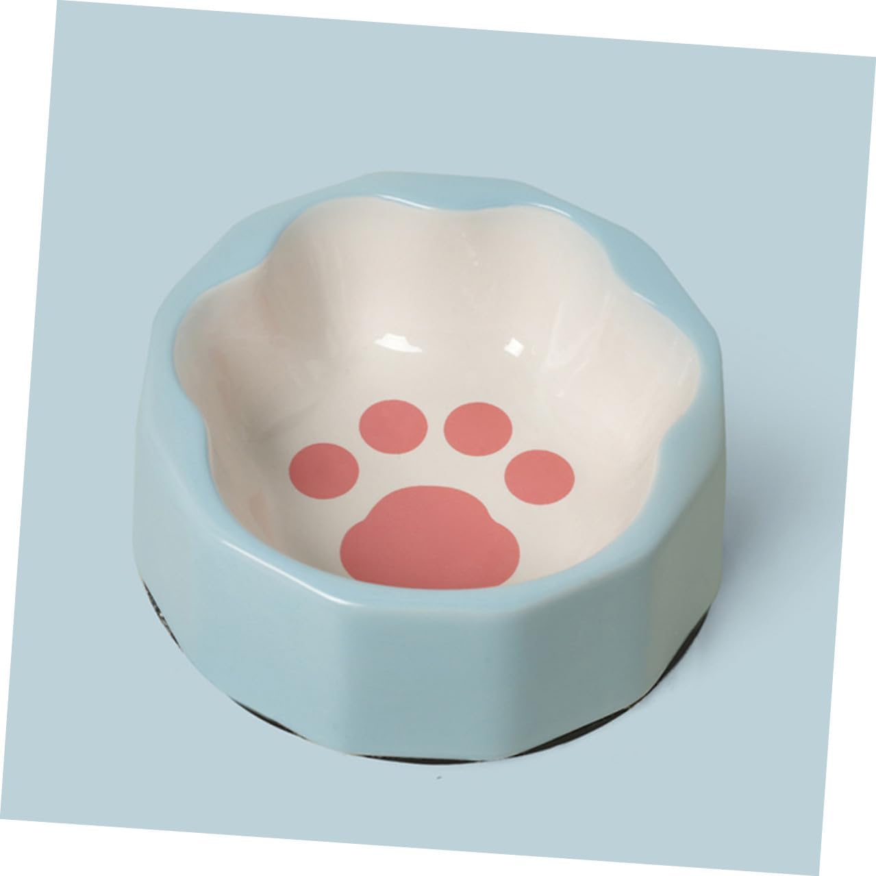 Kisangel Ceramic Pet Bowl with Tilted Design, Blue Small Dog and Cat Feeder Bowl, Slanted Pet Food Dish with Cute Animal Paw Prints for Indoor Feeding