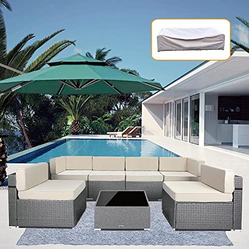 7 Pieces Patio Furniture Set With Waterproof Cover, Outdoor Wicker Sectional Sofa, Beige Cushions With Strip And Zippers, Grey #TOP7