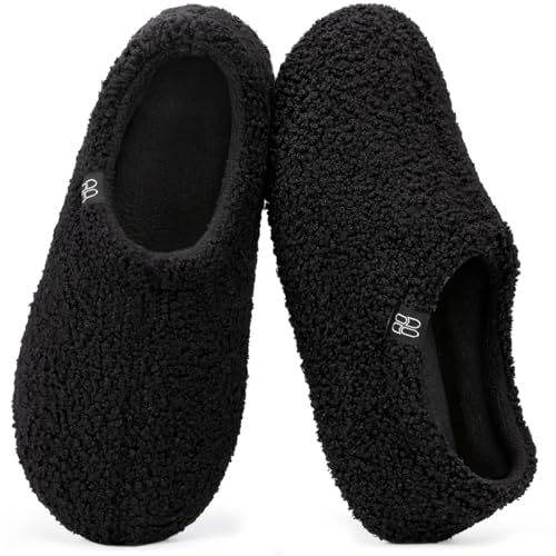 HomeTop Women's Fuzzy Curly Fur Memory Foam Loafer Slippers Bedroom House Shoes with Polar Fleece Lining (7-8, Black)