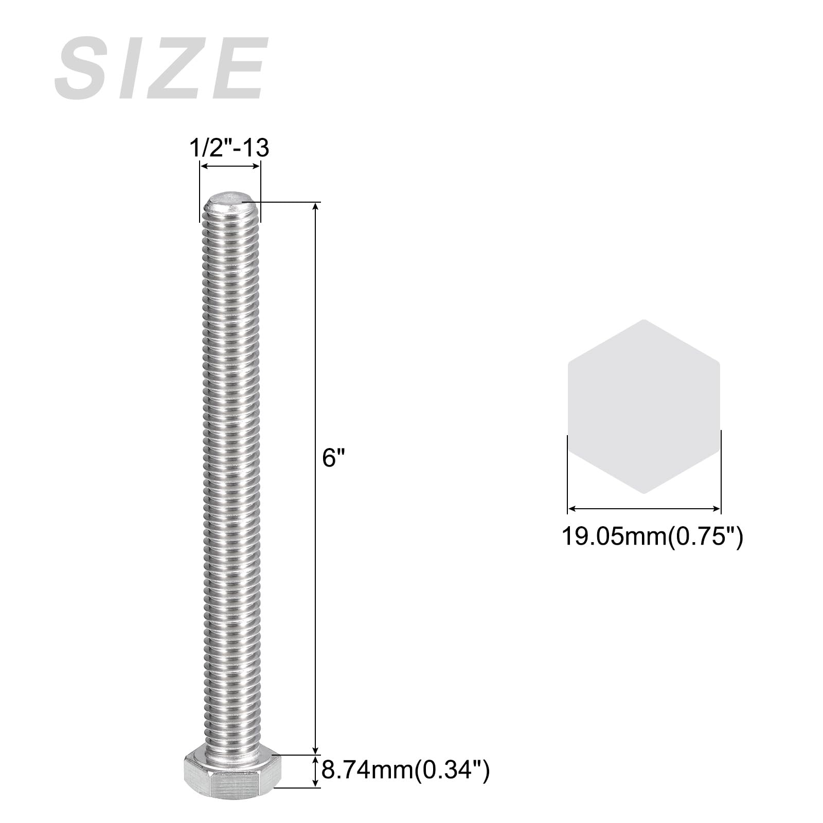 METALLIXITY Hex Head Bolts (1/2-13 x 6") 20Pcs, 304 Stainless Steel 18-8, Fully Threaded, External Hex Drive, Plain Finish - Image 2
