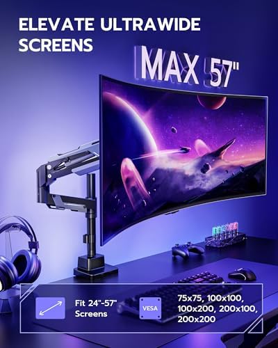 ARES WING CoreArm Single Monitor Mount with USB, Ultrawide Monitor Arm for 24 to 57'' Heavy Duty Curved Screen, Adjustable Gas Spring Monitors Arm Stand up to 66LBS with 75/100/200 Vesa Mount, Black - Thumbnail 4