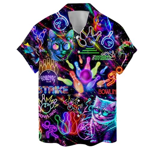 Funny Bowling Cat Galaxy Hawaiian Shirt for Men, Neon Bowling Hawaiian Shirts Short Sleeve Button Down Shirt Men
