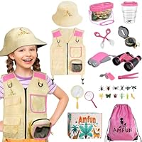 AMFUN 25PCS Outdoor Explorer Kit for Kids, Kids Binoculars Set, Outdoor Exploration Set Bug Hunting Costume Hat Vest, Children Outdoor Educational Kit, for Kids Science Nature Exploration Toys