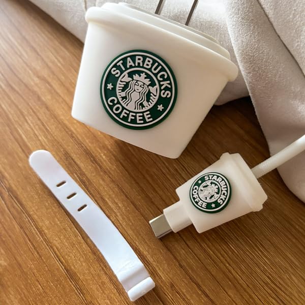 Image of Cable Protector with 3D Cute Pattern for iPhone Charger only18W & 20W | Data Line Wire Saver Charger Protective Cable Full Protection Set of-1 (Brown&White Star-Bucks)