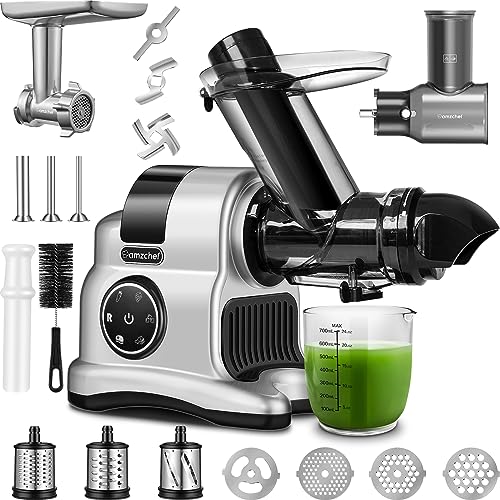 Slow Juicer Machines, AMZCHEF 5-in-1 Multifunctional Cold Press Juicer, Professional Masticating Juicer with with 80MM Wide Chute, Juicer Machines with Meat Grind, Slicer shredder(Grey)