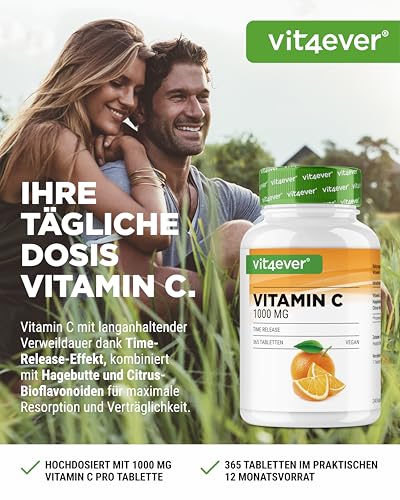 vit4ever Vitamin C 1000 mg - 365 Tabletten im Jahresvorrat - Time Released Effekt - Laborgeprüft - Vitamin C + Hagebuttenextrakt + Citrus-Bioflavonoide - Vegan - Hochdosiert