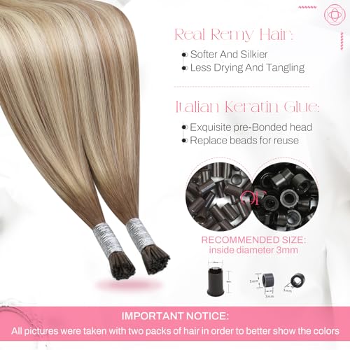 Image of Moresoo Itip Human Hair Extensions, Sun-Kissed Blonde Light Brown, 14 Inch | 40g 50 strands, stick-tip design for micro ring installation, itip human hair extensions for weddings and styled looks