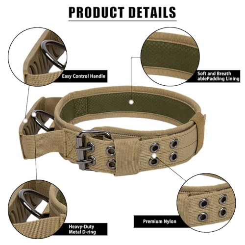 Image of Qpets Brown Dog Collar, Nylon Tactical Dog Collar for Large Dogs with D Ring & Handle Adjustable Dog Neck Belt with Reflective Safety Strip Dog Training Walking Collar (XL, 55-150lbs),29.5x4 cm