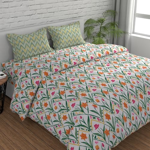 Image of HUESLAND by Ahmedabad Cotton 144 TC Cotton Elastic Fitted Bedsheet King Size with 2 Pillow Covers | 72 x 78 inches