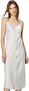 100% Silk V Neck Slip Dress for Women Midi Spaghetti Strap Crepe de Chin...