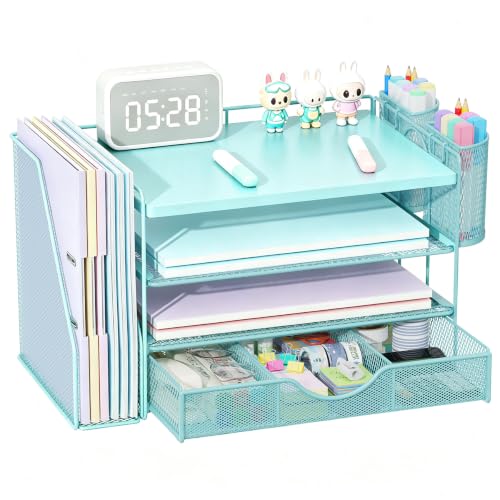 gianotter Desk Organizers and Accessories with File Holder, 4-Tier Desk Accessories & Workspace Organizers with Drawer and 2 Pen Holder, Desk Reference Organizer (Blue, 4T with Metal Drawer)