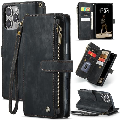 Étui portefeuille à rabat iPhone 16 Pro Max housse cuir avec porte-carte et fermeture éclair