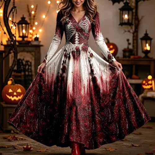 DAIZHUJISLYLT Skeleton Dress,LSkeleton Dress Women Halloween Skull Rose Print V-Neck Maxi Dresses Fall Gothic Vampire Cosplay Costumes(Red_01,Medium) - image 3