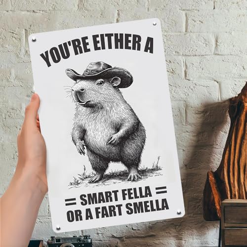 Seeyoo Funny Metal Tin Sign - Vintage Wall Art Décor with Cowboy Capybara - 8x12 Inch Waterproof Retro Poster for Home, Bar, Café, and Office - Easy Hanging with Pre-Drilled Holes