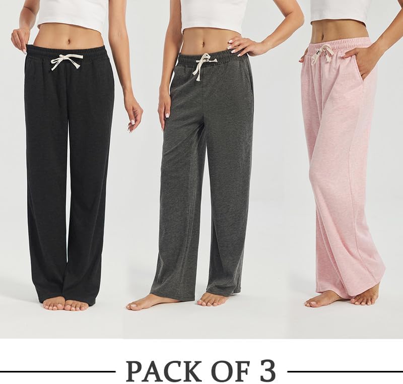 3-Pack Womens Lounge Pants with Pockets, Wide Leg Sweatpants, Soft Comfy Pajama Bottoms with Drawstring Waist - Image 4