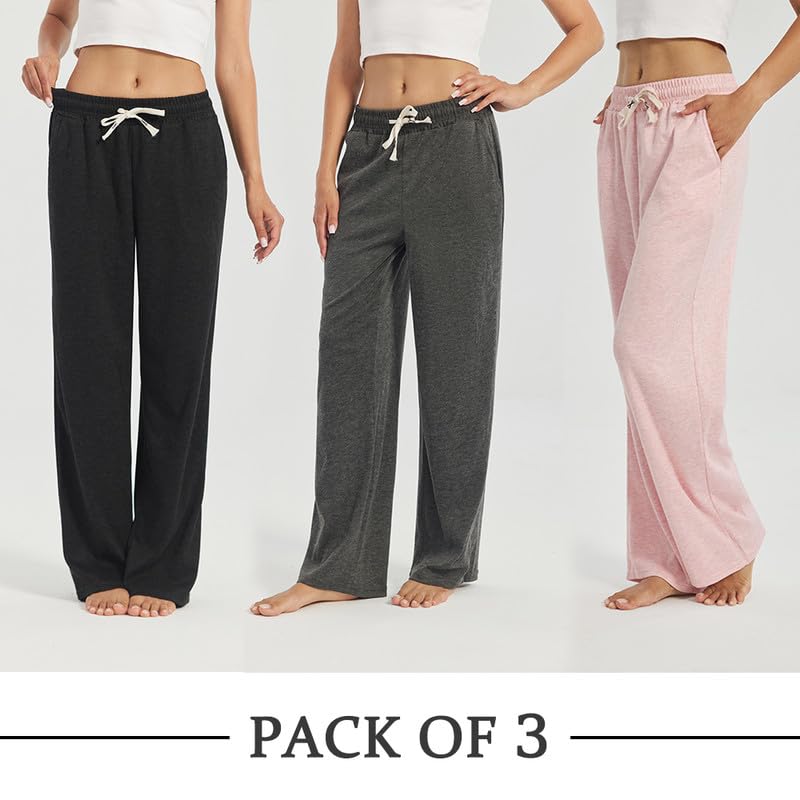 3-Pack Womens Lounge Pants with Pockets, Wide Leg Sweatpants, Soft Comfy Pajama Bottoms with Drawstring Waist4